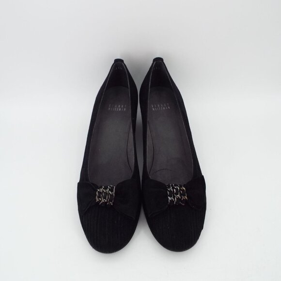 Stuart Weitzman Pleats Black Suede Wedge with Chain Bow Size 10N Narrow - Picture 3 of 16